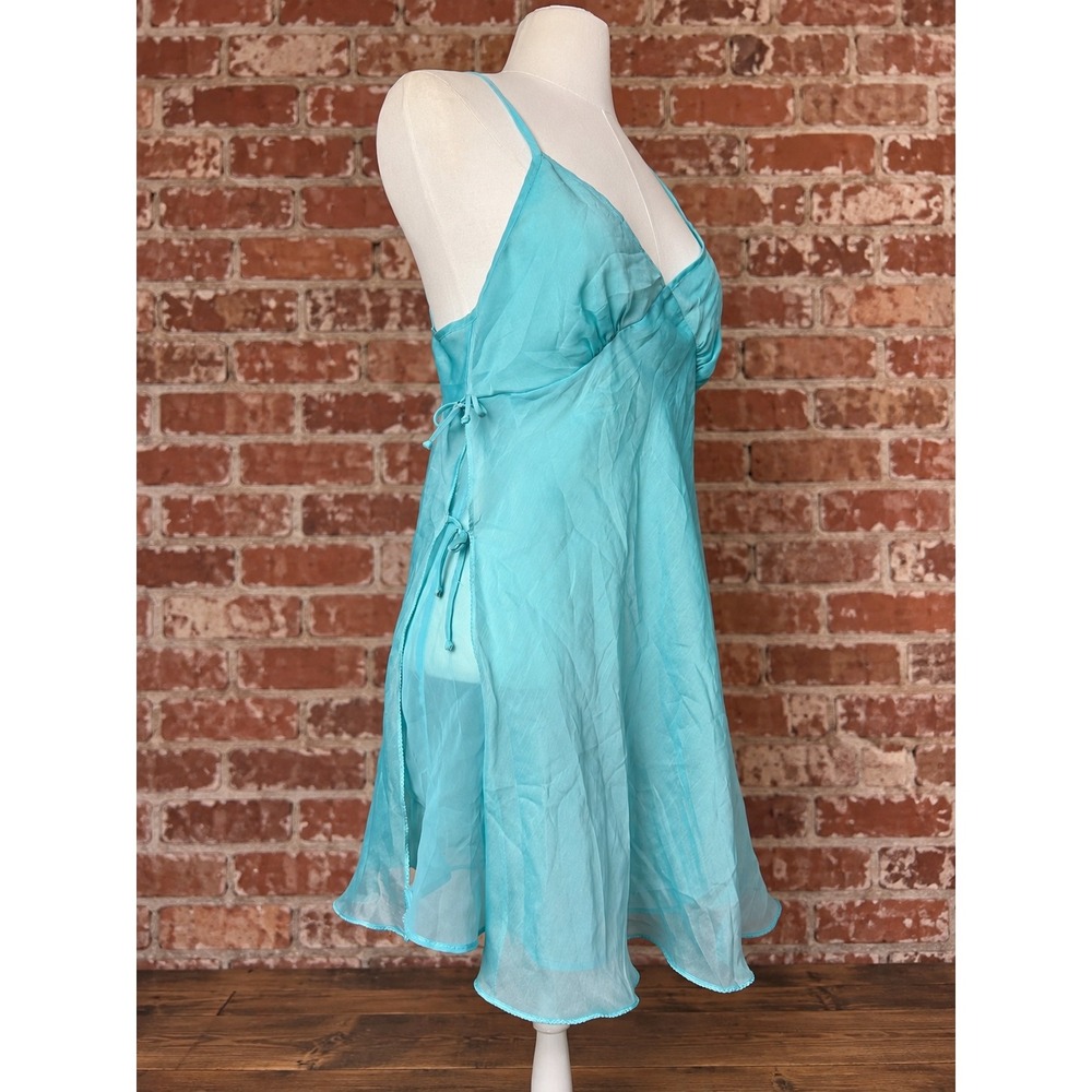VTG Y2K Aqua Turquoise Blue Bow Chemise Tank Top Sheer Layering Fairy Coquette